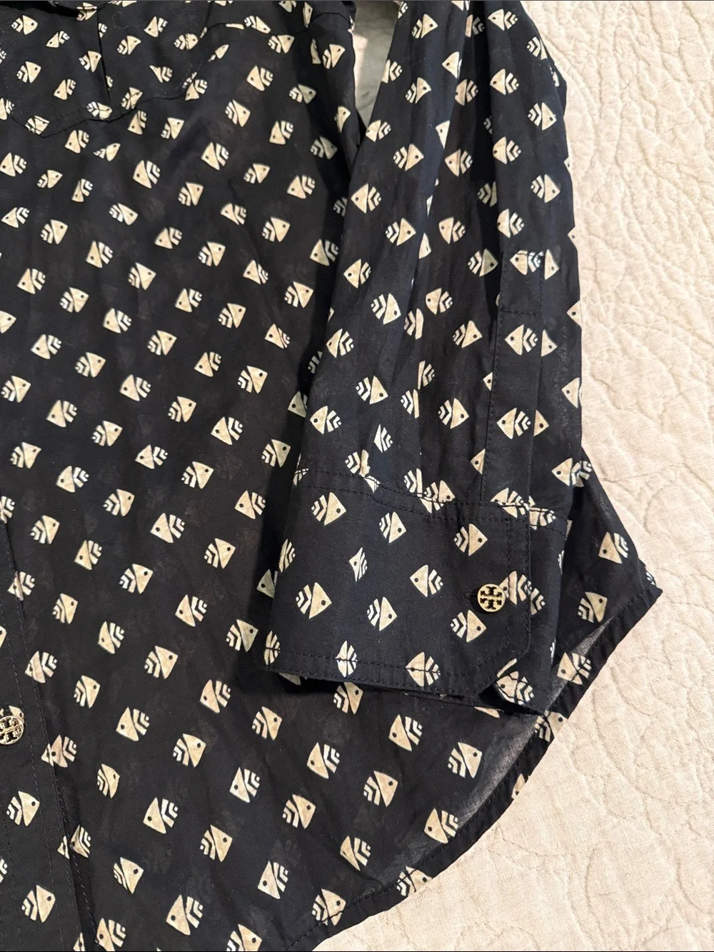 Tory Burch Lightweight Black Button-Down Blouse with Cream Geometric Fish Print